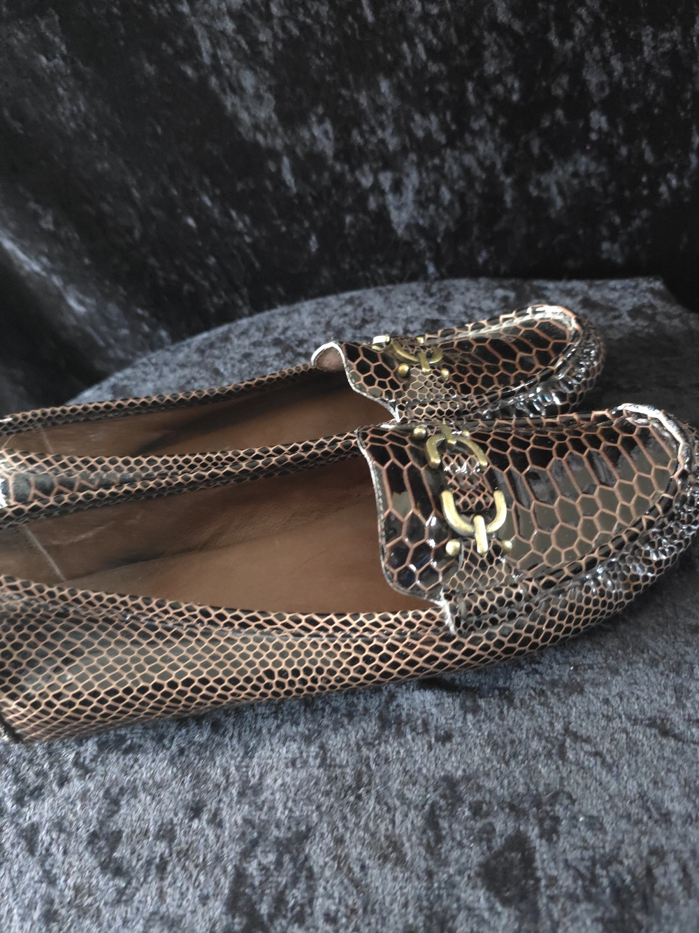 Donald J. Pliner Bronze Metallic Snake-Embossed Loafers with Gold Buckle - Picture 5 of 8